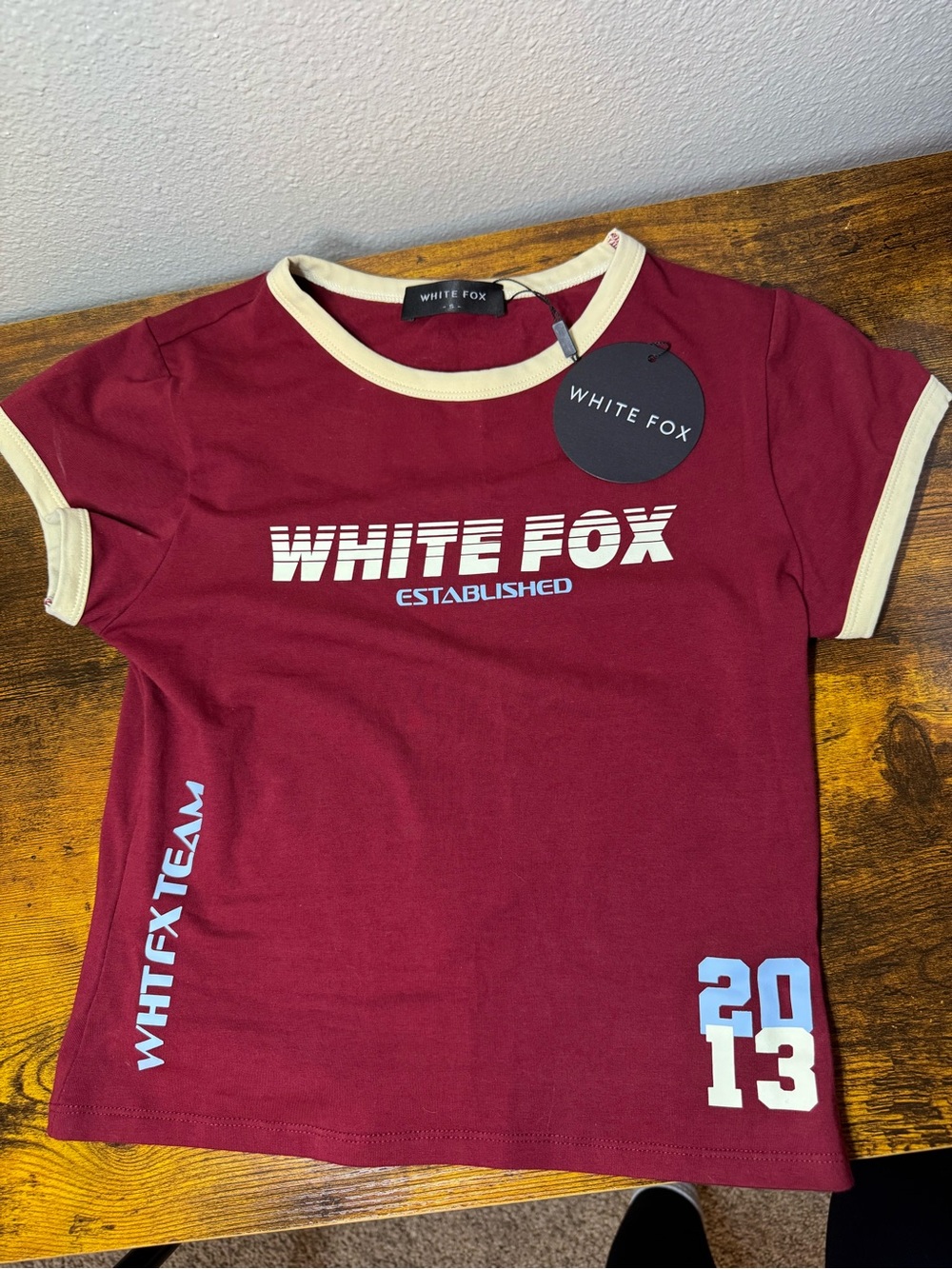 White Fox Full Schedule Baby Tee Burgundy Size S NWT Sold Out - Picture 3 of 5